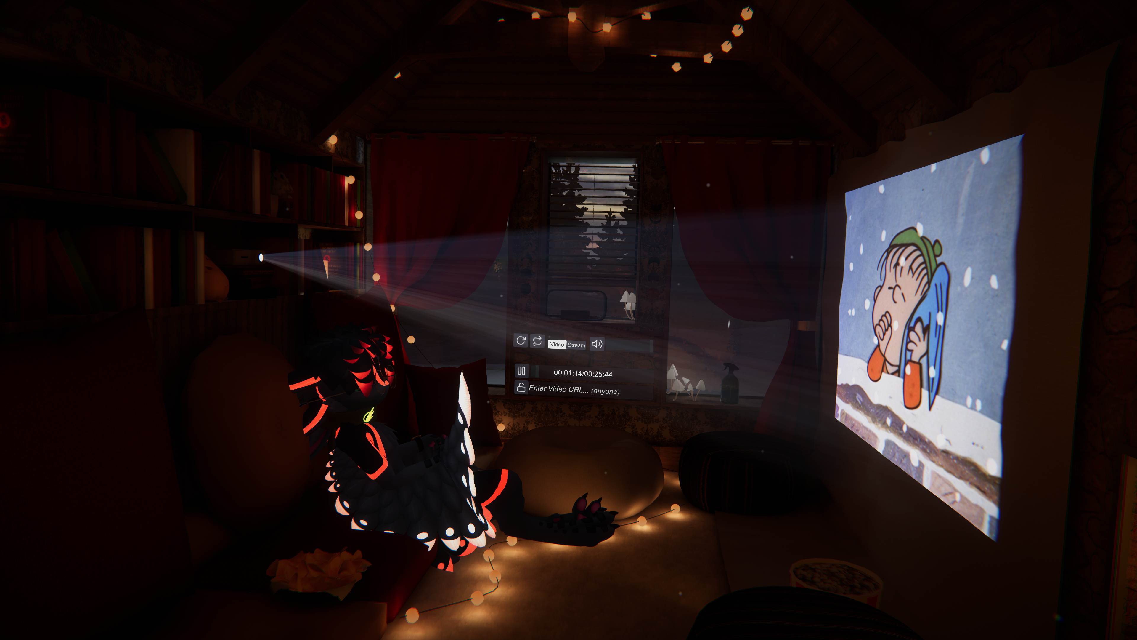 A picture of my in VR Chat sitting down and watching a Charlie Brown Christmas